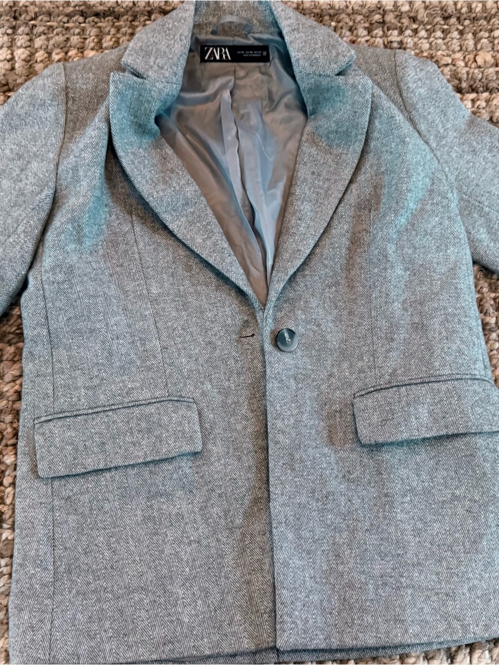 Zara Light Gray Herringbone Single-Button Blazer